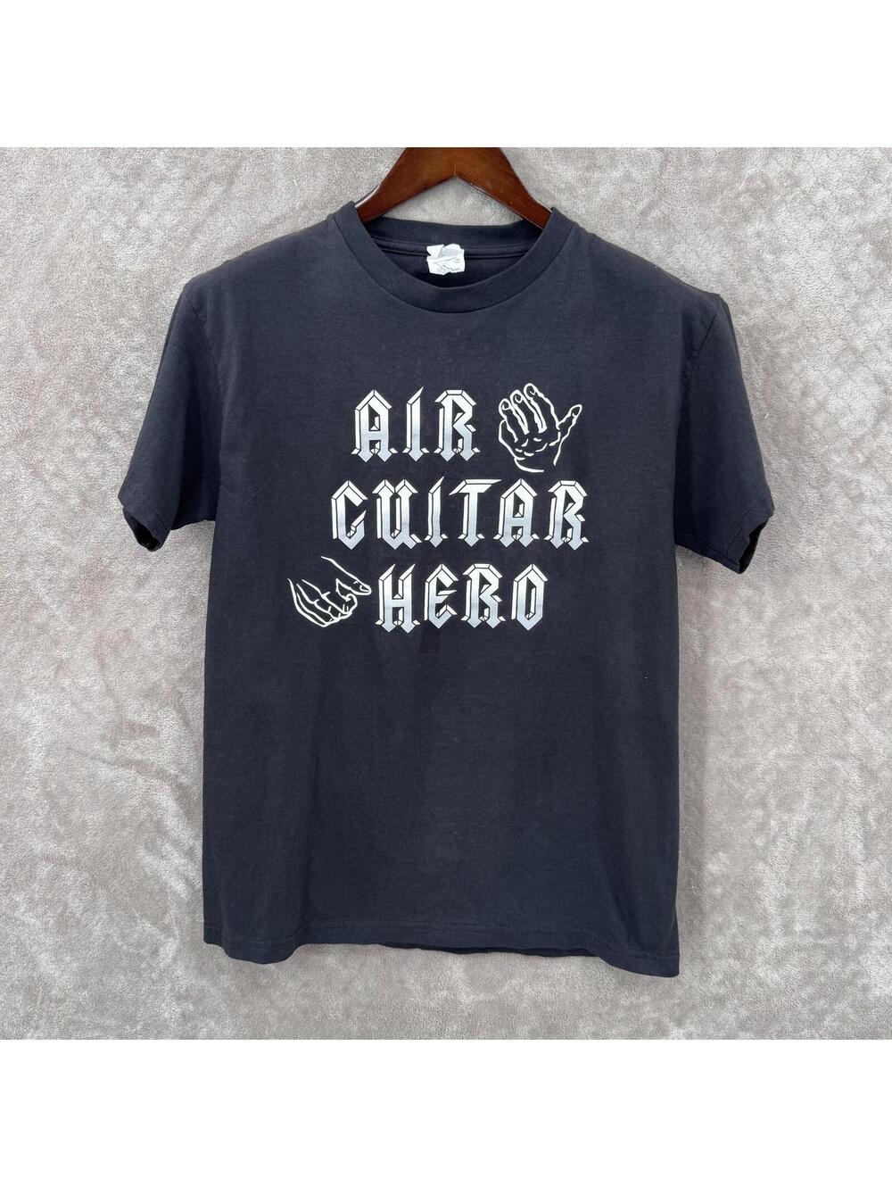 Vintage Air Guitar Hero T Shirt Men Medium Black Graphic Tee Y2K Novelty Music